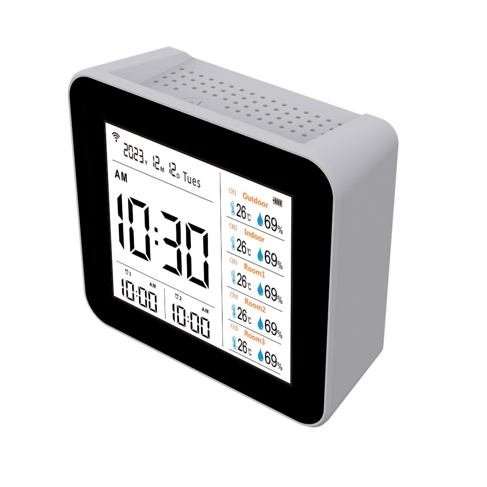 Termómetro Higrómetro Inteligente WIFI para Oficina en Casa, Monitoreo en Tiempo Real Medidor de Humedad de Temperatura 13 1 con Pantalla Hora/alarma, Material ABS Blanco (con 5 subunidades)