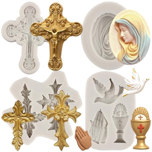 MYPRACS Taufe Kuchen Dekorationen Kreuz Kuchenform Kreuz Silikonformen Kommunion Taube Fondant Formen für Taufe Party Kuchen Dekorieren Cupcake Topper Candy Chocolate Gum Paste 4 Stück