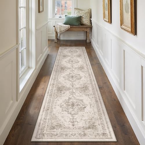 PureCozy Runner Rug 2x12 Beige Hallway Washable Carpet Non Slip Vintage Medallion Carpet Low Pile Soft Distressed Retro Indoor Long Rug for Entryway Kitchen Bathroom Laundry Bedroom 2' x 12'