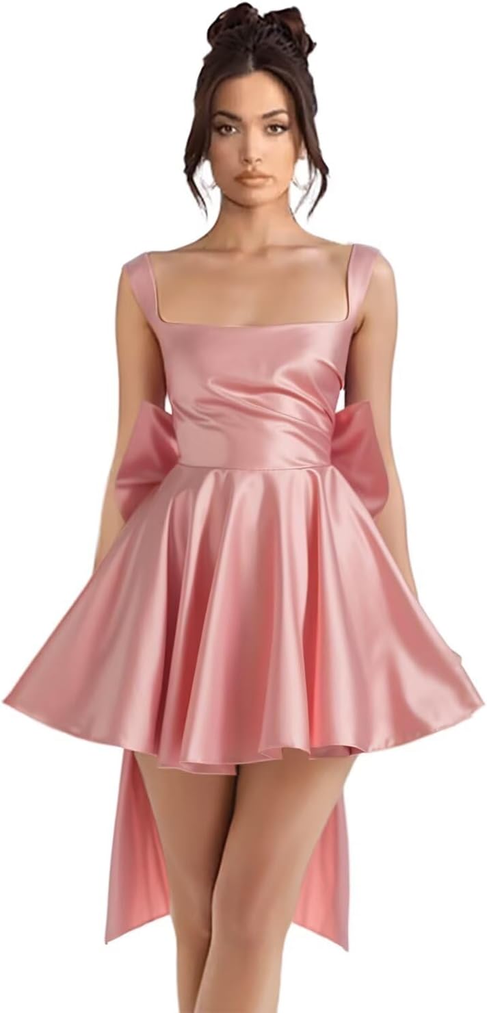 Stylefun Short Square Neck Satin Homecoming Dress 2025 HOCO Dress with Bow Cocktail Prom Gown CYM250