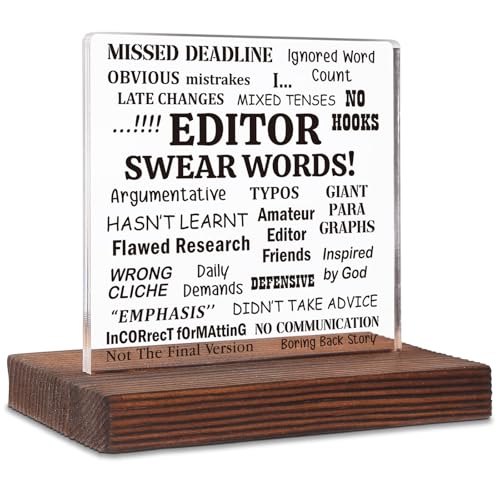 Editor Swear Words Acrylic Desk Sign, Funny Editing Gift for Proofreaders and Writers, Grammar Humor Plaque for Office Decor, New Job Farewell Retirement Gift Idea with Wood Base SKT264