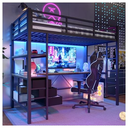 Zubaliya Lit Mezzanine Enfant 90x200cm avec éclairage LED et Bureau et Prise + USB,lit Mezzanine 1 Place avec 3 tiroirs,lit superposé Adulte étagères,Rampe,escalier,sans Matelas (Black 90 * 200cm)