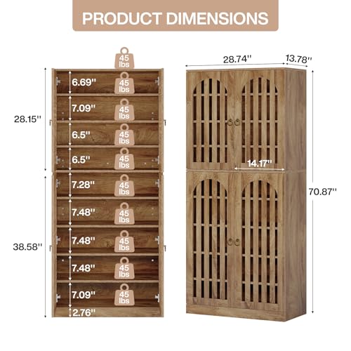 Tribesigns 70.86" Tall Shoe Storage Cabinet with Doors and Shelves, 9-Tier 27-36 Pairs Farmhouse Shoe Organizer Rack for Entryway Hallway Living Room, Closet, Brown - Image 2