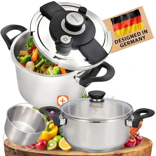 QUIXO Schnellkochtopf Set 6L + 4L VitaSmart mit Garkorb + Glasdeckel + Kochzeitsignal für alle Herdarten [NEU mit Füllmengenmarkierung] Dampfkochtopf mit 2 Garstufen