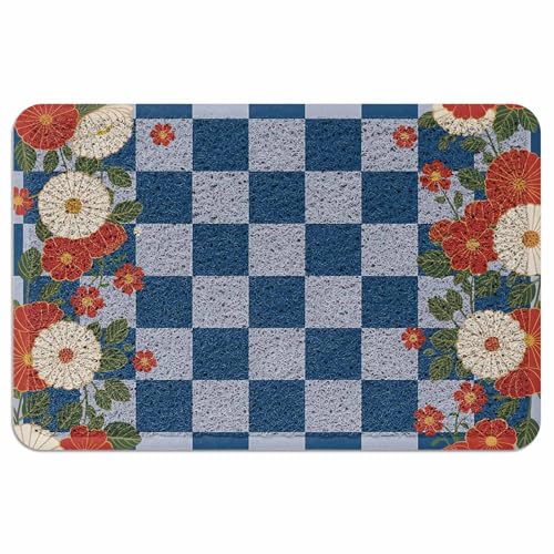 Ooomigasusi 玄関マット 和風 菊 花 チエック柄 紺色 ドアマット 45×75cm 屋内 屋外 ループ状 泥落とし 滑り止め付 吸水 足ふき 洗える 業務用 自宅用 厚手 浴室 お風呂 円角長方形 丈夫 抗菌 防臭