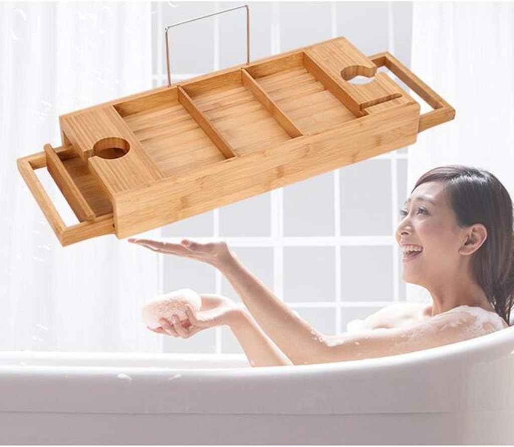 Tray Wood Bathtub Caddy Tray Shelf Bathtub Tray Rack with Tablet Holder Towel Tray Extending Sides Wine Glass Bathroom Rack Organizer (Color : A)
