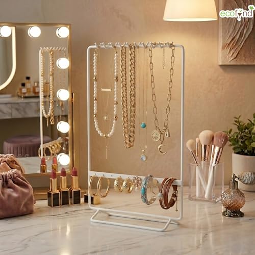 Image of ecofynd 2-Tier Metal Jewelry Organizer Stand with 11 Nail Hooks & 10 Earring Holes, Necklace Holder, Bracelet & Ring Storage Rack, Space-Saving Display for Vanity, Dressing Table & Home (White,JS008)