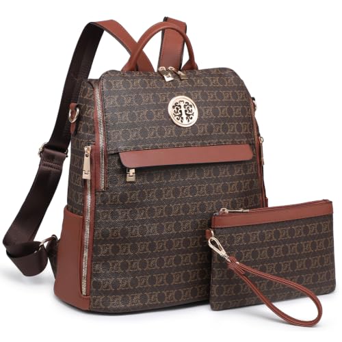 Image of JULIE FERRARO Women's Convertible Backpack Purse Vegan Leather Fashion Backpack Bag Large Capacity Travel Shoulder Bag with Wristlet 2PCS Set