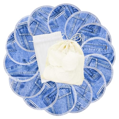 Image of wegreeco Nursing Breast Pads (14 Pack) + Laundry Bag & Travel Storage Bag, 4.7 inch Option - Washable & Reusable Breastfeeding Nursing Pads (Classic Jeans, Large, Plain Shape)