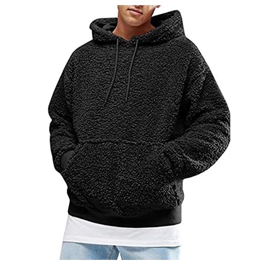 SOMTHRON Tröjor män huvtröja män plysch huvtröja sweatshirt teddy-fleece vinter tröja varm lös tröja med fickor, svart, S