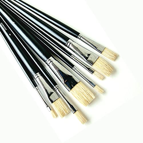 Image of Stationerie Artist Quality Natural Hog Flat Hair Paint Brush Set, 8 Piece Set for Oil & Acrylic Painting Long Handle(Wood)