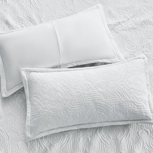 Image of ENJOHOS Oversized King Quilt White, 128x120 California King Bedspread, 3 Piece Soft Microfiber Lightweight Extra Wide Bedding Comforter Set, Vintage Boho Striped Pattern Summer Coverlet