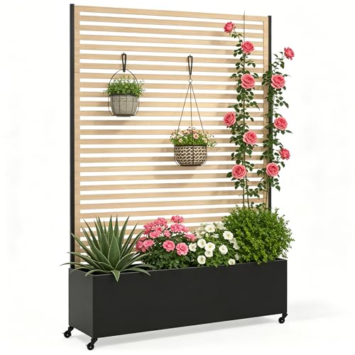 Metal Planter Box with Trellis Privacy Screen, Raised Garden Bed with Trellis & Wheels, Privacy Planters for Patio, Planter Box with Drainage Holes for Climbing Plants, Flower, 73"x 47"x 16", Wood