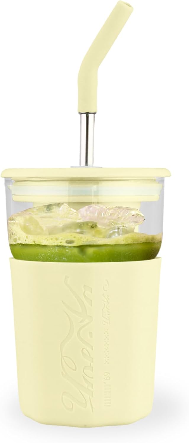 15oz Glass Tumbler With Straw and Lid - Iced Coffee Cup, Smoothie Cup with Silicone Sleeve and Tea Strainer, Glass Tumbler for Smoothies, Flower tea, Coffee, Juices (Yellow)