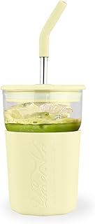 15oz Glass Tumbler With Straw and Lid - Iced Coffee Cup, Smoothie Cup with Silicone Sleeve and Tea Strainer, Glass Tumbler for Smoothies, Flower tea, Coffee, Juices (Yellow)