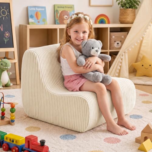 Image of DAICO Kids Bean Bag Chair, Ultra-Soft Toddler Bean Bag Sofa with Handle, Small Toddler Chairs Comfy Reading Lounger Foam Couch for Playroom or Bedroom - Birthday Gift for Boys and Girls Beige Washable