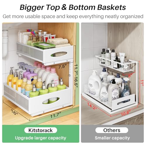 Image of Under Sink Organizer, 2-Pack Pull Out Cabinet Organizer 2 Tier Metal Slide Out Storage Shelf Rack, L-Shaped Adjustable Height,Mesh Sliding Drawer for Kitchen, Bathroom, Laundry, Pantry, White, XL