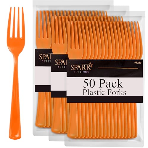 Plastic Forks Disposable 50 Pack Heavy Duty Plastic Silverware Plastic Cutlery Ideal for Hot and Cold Food Plastic Utensils for Home Office School Party Picnics Weddings - SparkSettings (Orange)