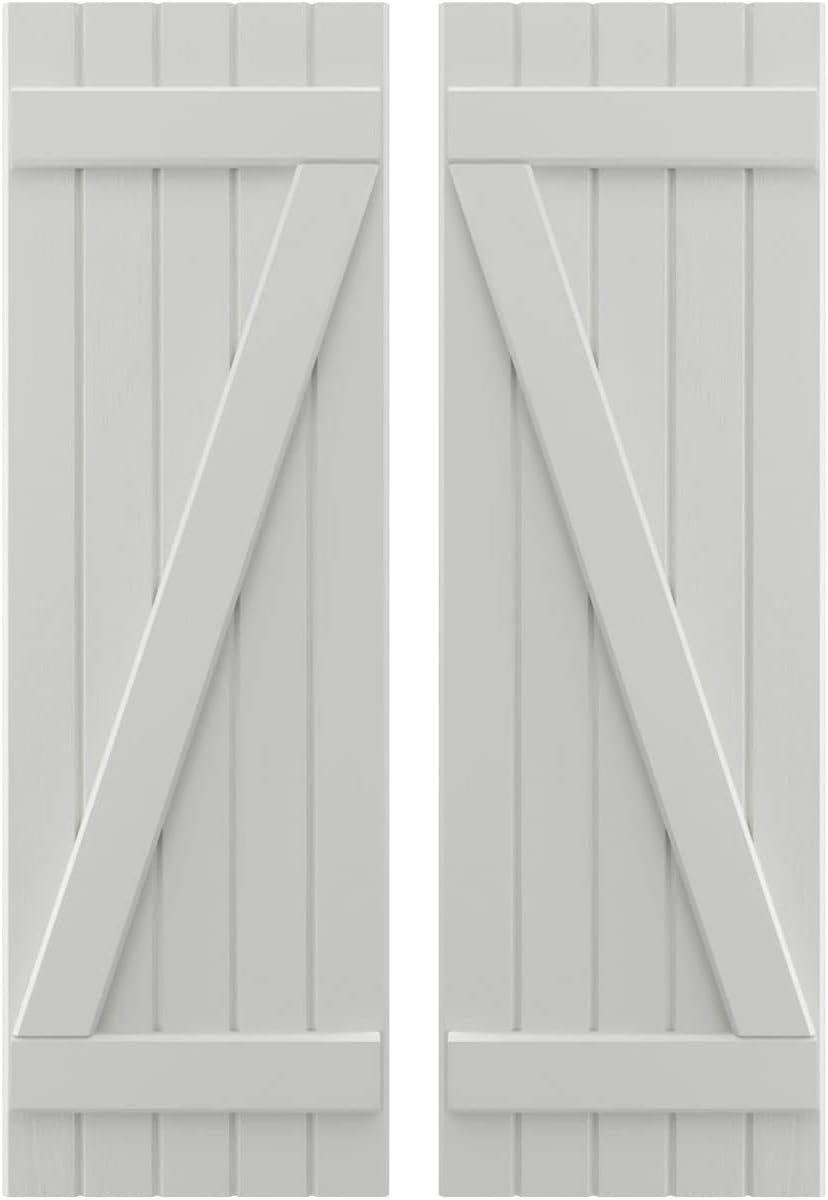 17 1/2"W x 58"H Americraft Five Board (2 Batten) Exterior Real Wood Joined Board-n-Batten Shutters w/Z-Bar (Per Pair), Hailstorm Gray