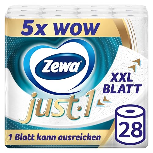 Zewa Just1 Toilettenpapier ohne Hülse mit extra großen Tüchern, 7 Packungen mit je 4 Rollen à 99 XXL Blatt