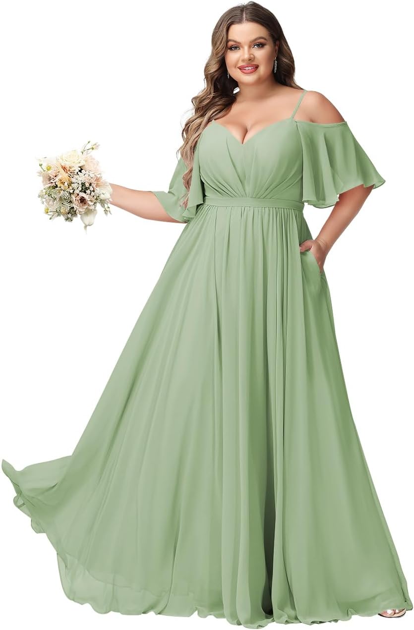 RSOETOO Women Plus Size Bridesmaid Dress 2025 with Slit Cold Shoulder Chiffon Formal Party Dresses with Pockets RON030