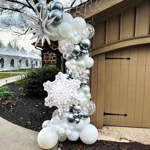 Image of White Silver Snowflake Christmas Balloons, Ice Snow Winter Party Balloons