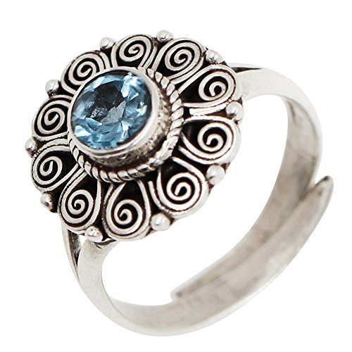 Luna Azure Festoon Created Blue Topaz and 925 Sterling Silver Handmade Carve Patterns Vintage Adjustable Ring Women Girls Present Jewelry