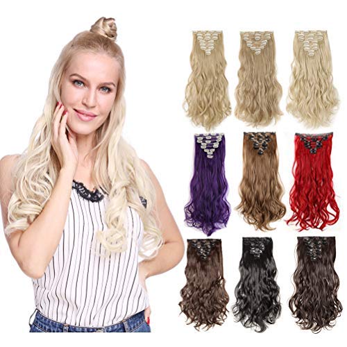 Benehair Clip in Hair Extensions 8PCS 24inch Long Wavy Synthetic Hairpieces Dark Black Hair Extensions Double Weft Hairpieces for Women Full Head Cosplay Party Wedding Hairpiece