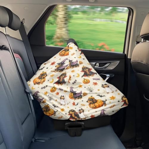 Image of Wanyint Stretchy Baby Car Seat Covers Carseat Canopy Baby Breastfeeding Stroller High Chair Shopping Cart Cover for Girls Boys Halloween Decor, Dachshund Pumpkin Ghost Bat
