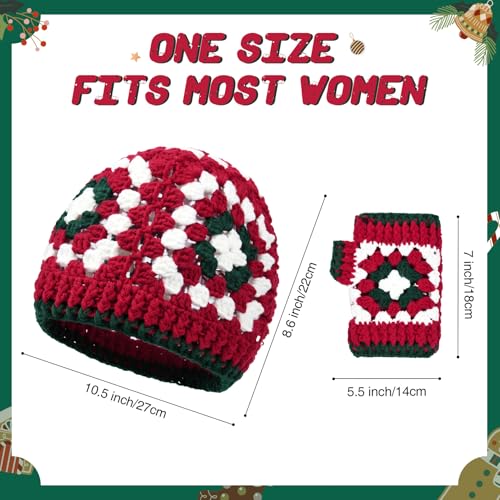 Crochet Hat and Fingerless Gloves Set, Red Green Boho Granny Square Knit Beanie Hat Handmade Crochet Hat3