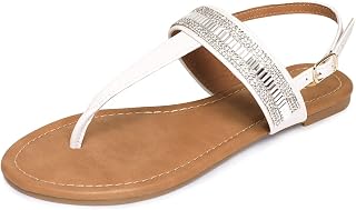 Women's Flat Thong Sandals | Fashion Rhinestone T-Strap and Adjustable Ankle Buckle Flat Sandals for Women