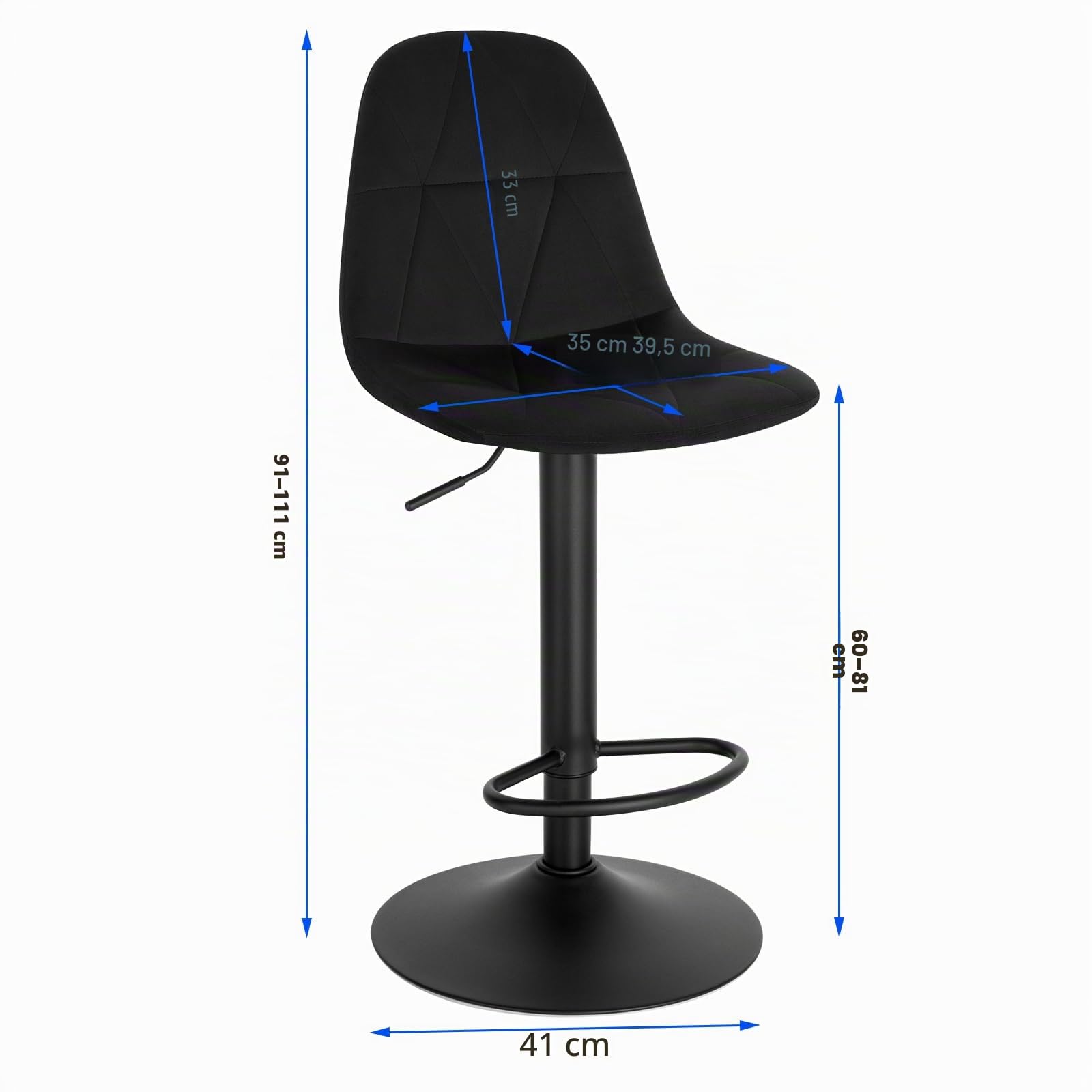 Lestarain Barhocker, Tresenhocker, Bistrohocker, Design-Hocker mit Rückenlehne, höhenverstellbar, 360° Drehhocker, Barstuhl mit Samtbezug, aus Metall, Sitzhöhe 60-81 cm, schwarz, LBAI64003-1