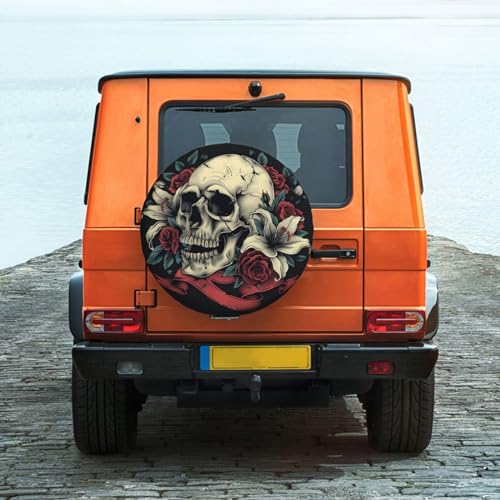 Image of Skull with Rose Spare Tire Cover, Universal Wheel Tire Cover Funny Skull Skeleton Tire Protectors for Trailer RV SUV Truck Camper 14 Inch