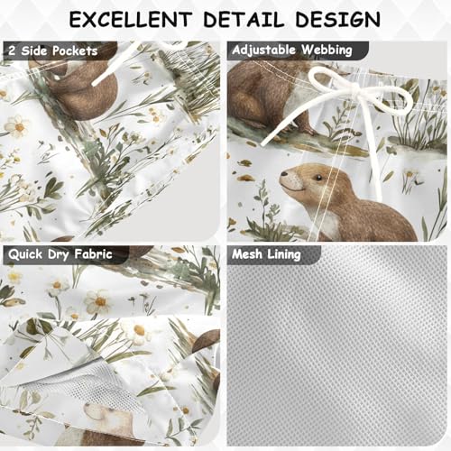 Pigsaly Boys' Swim Board Shorts Watercolor White Flower Brown Sea Otter Boy's Swim Trunks Kids Swimwear 2T3