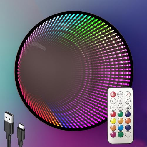 owosald Infinity Mirror Light Round Remote Controlled USB Powered LED Wall Decor Dimmable RGB Color Changing (Black Remote Control)