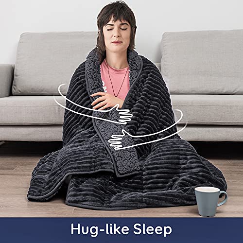 Pawque Sherpa Fleece Weighted Blanket 60 X 80 Inches 15Lbs For Adult, Thick Fuzzy Bed Throw With Ribbed Stripes, Dual Sided Cozy Fluffy Weighted Blanket With Premium Beads For Bed, Couch, Dark Grey #TOP2
