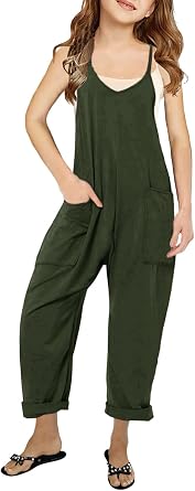 CharmWM Girls Casual Jumpsuits Spaghetti Strap Sleeveless Loose Romper Long Pants with Pockets Kids Clothes