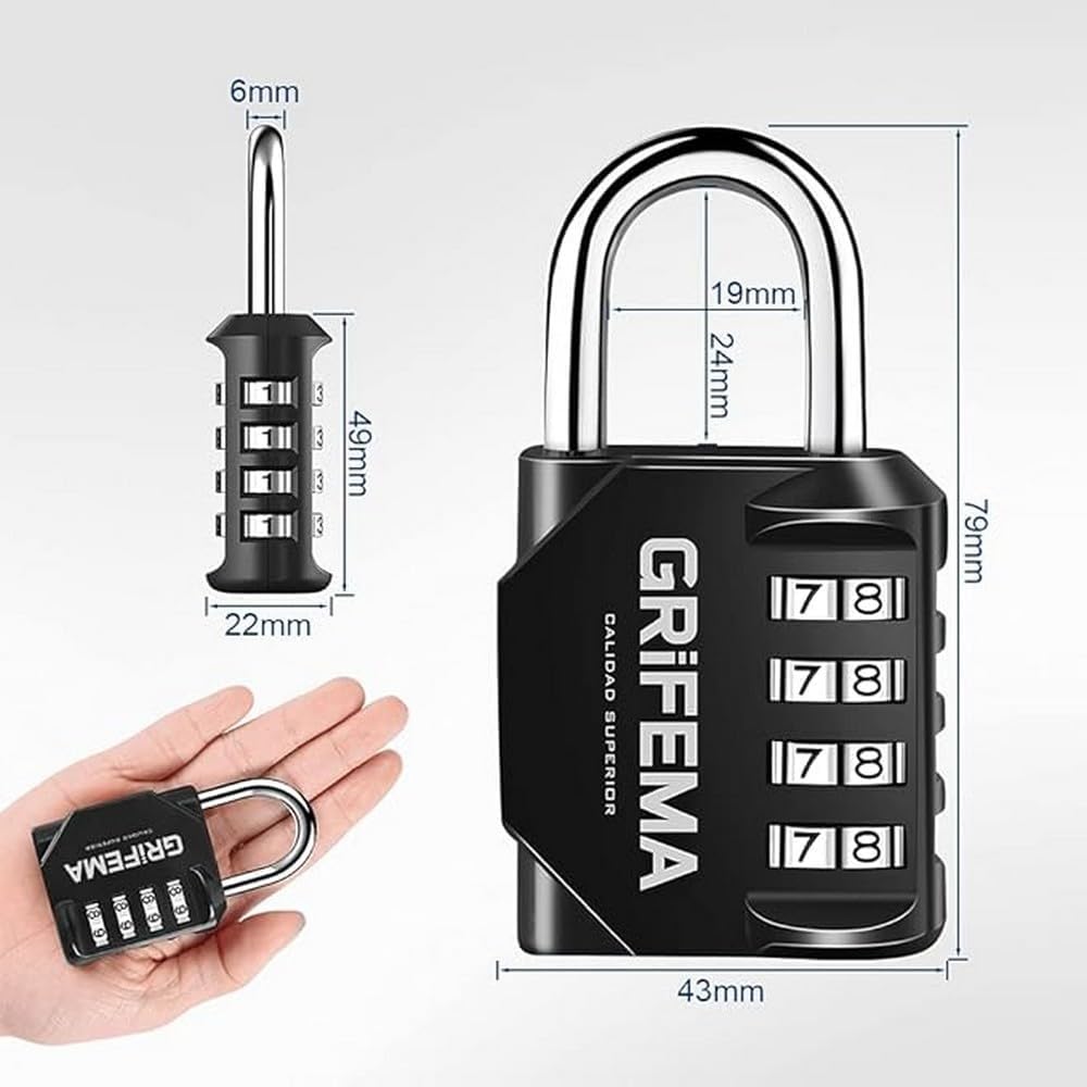 Diagram showing the dimensions of the GRIFEMA padlock: 79mm height, 43mm width, 22mm body thickness, 6mm shackle diameter, 24mm shackle clearance height, 19mm shackle clearance width.