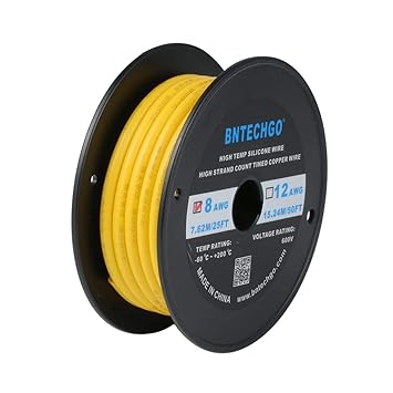 BNTECHGO 8 Gauge Silicone Wire Spool 25 ft Yellow Flexible 8 AWG Stranded Tinned Copper Wire