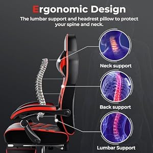 POWERSTONE Gaming Chair Video Game Chair with Footrest and Lumbar Support Racing Style PU Leather Computer Chair Ergonomic Adjustable Swivel Task Chair Red