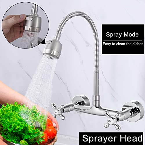 Wall Mount Kitchen Faucet Two Handle 8" Inch Center Commercial Sink Faucet With Flecible Hose Stainless Steel Constructed Brushed Nickel Finish Commercial Utility Kitchen Sink Faucet #TOP1