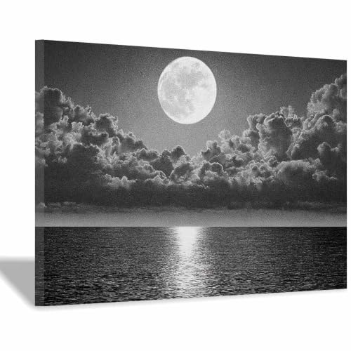 Peinture sur toile de lune noire et blanche finition premium cadre robuste tableau 70x100cm