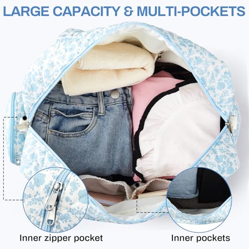 Abbylike 2 Pcs Large Floral Quilted Duffle Bag Coquette Floral Duffle Bag with Makeup Pouch Quilted Weekender Diaper Tote with Shoe Compartment for Women Travel Hospital4