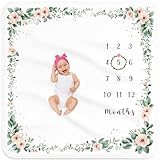 Baby Monthly Milestone Blanket for Girls – Soft Fleece Photo Prop with Floral Wreath, 47"x47" Gender Neutral Growth Chart for Newborn Photography, Nursery Keepsake