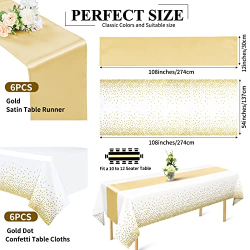 6 Packs Plastic Tablecloths Gold 54"X108" Disposable Waterproof Table Cover And 6 Packs 12"X108" Gold Satin Table Runner For Wedding Birthday Party Graduation Thanksgiving Anniversary Valentine's Day #TOP1
