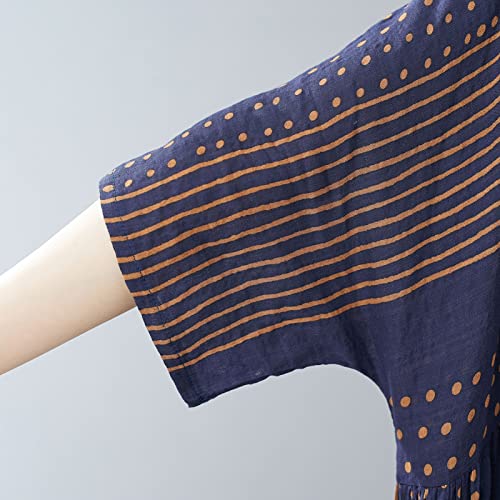 Moochy Vestido feminino vintage de linho de algodão com estampa listrada O pescoço, meia manga, bols