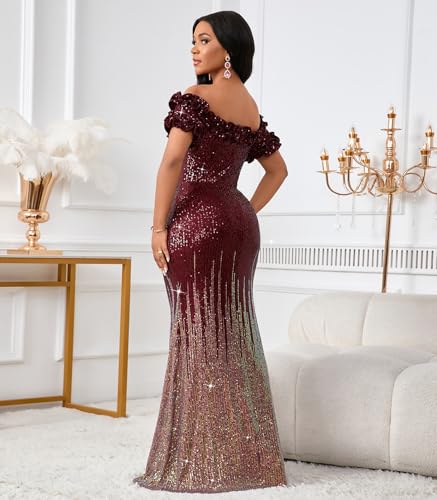 Image of dasmzper Women Sexy Sequin Off Shoulder Ruffle Short Sleeve Bodycon Mermaid Party Formal Evening Maxi Dress