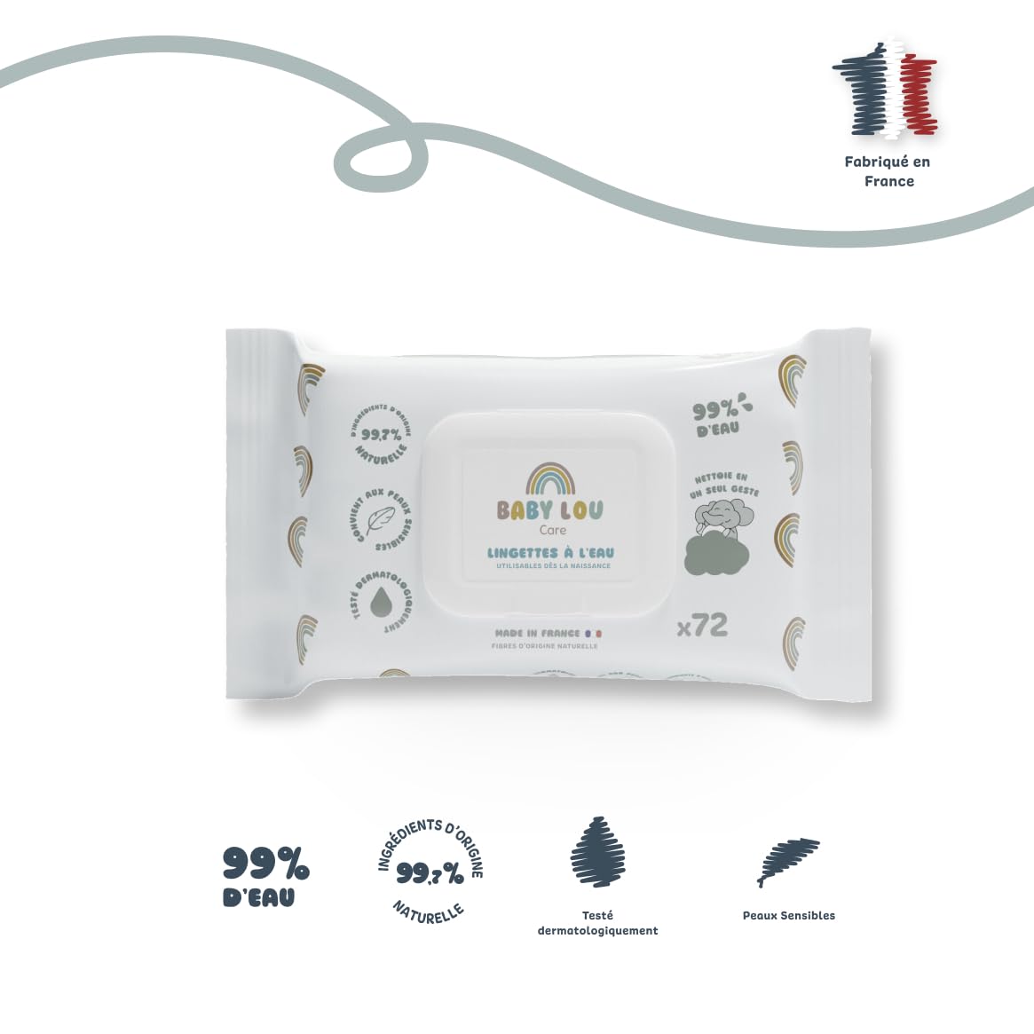 Lingettes à l'eau 12x72 sachets 99% eau douces apaisantes dès la naissance peaux sensibles 99,7% ingrédients origine naturelle Made in France