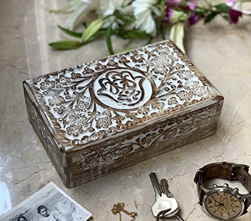 Handmade Decorative Wooden Jewelry Box Hamsa Hand Carving Jewelry Organizer Keepsake Box Treasure Chest Trinket Holder Watch Box Storage Lock Box 8 X 5 Inches Housewarming Gift (White) #TOP1