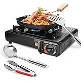 Odoland 6 pcs Camping Stove Set with Camping Cookware, Portable Butane Gas Stove, Nonstick Frying Pan, Silicone Cooking Utensils and Carry Case for Backpacking, Outdoor Camping Hiking and Picnic